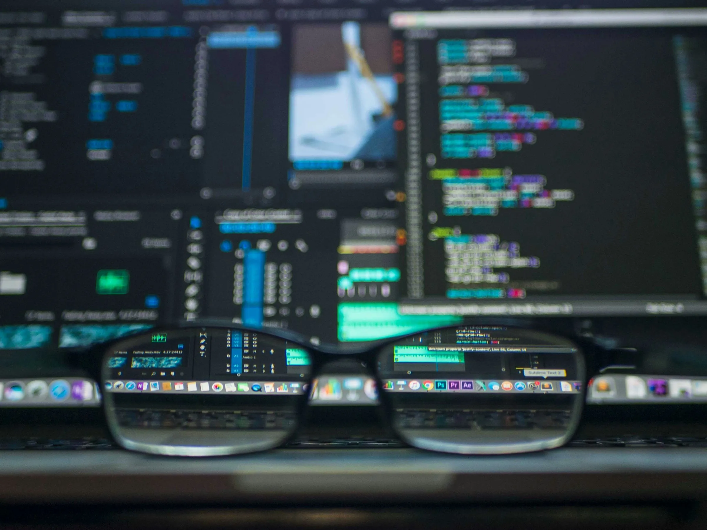 A pair of glasses in focus in front of monitors filled with unreadable code.
