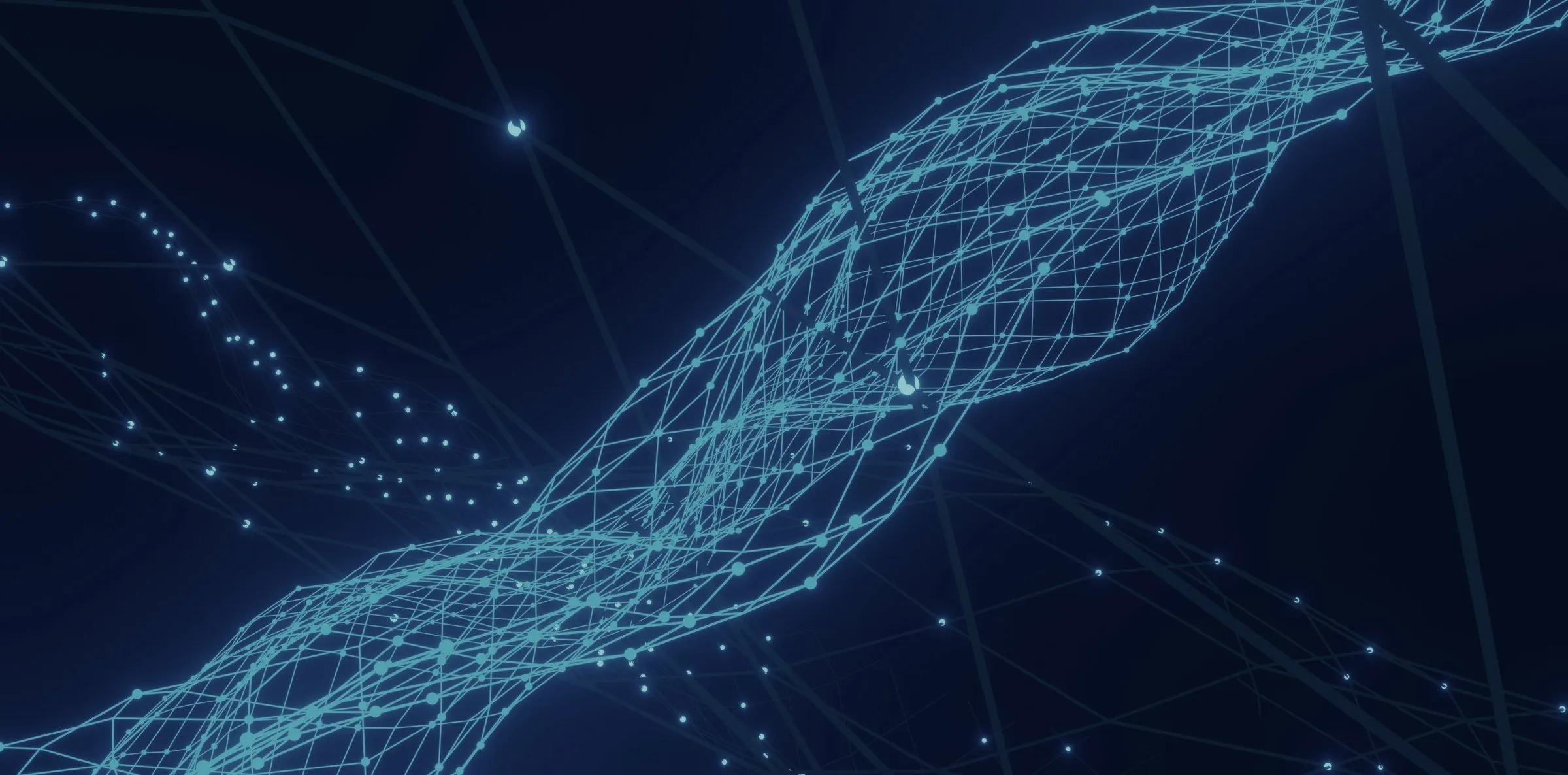 An abstract mesh of connected points stretching across a dark field.